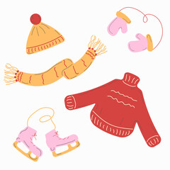 Whimsical vector set of warm winter clothes: sweater, cap, scarf, mittens, and skates. Cute collection for seasonal and winter holiday designs