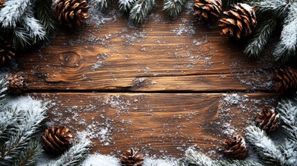 Beautiful Rustic Wooden Background Framed with Pine Cones and Snowy Frost, Perfect for Winter Holiday and Seasonal Celebrations Photography