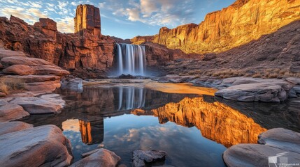 Scenic Landscape of Majestic Waterfall with Vibrant Reflections in Clear Pool Surrounded by Rugged Mountains and Dramatic Cloudy Sky at Sunrise