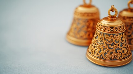 Three ornate gold bells with gray detailing on a light blue background.