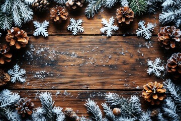 Beautiful Winter Scene with Frosted Pine Cones and Snowflakes Framing a Rustic Wooden Background Perfect for Holiday and Seasonal Themes