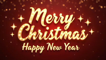 Merry Christmas and Happy New Year greeting card. Festive design with golden text and bokeh lights. Concept of celebration, winter holidays, and joy.