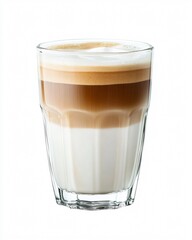 Layered Coffee with Milk Foam in Tall Glass on White Background