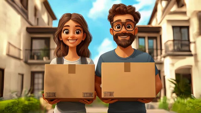 Cartoon-style young couple holding moving boxes in front of a sunny apartment complex. Playful and bright