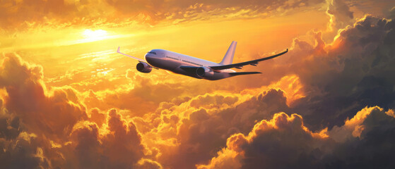 A commercial airplane soars through a dramatic sunset sky filled with golden-orange clouds illuminated by warm sunlight. Generative AI.