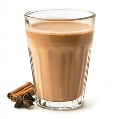 Masala Chai in a Clear Glass with Cinnamon Stick and Star Anise on White Background