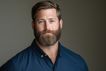 Obraz premium A creative professional in navy blue shirt with well-groomed beard against neutral background.