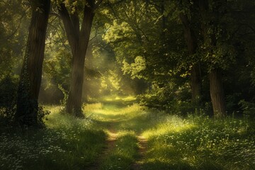 Obraz premium Sunlight filters through the lush green canopy of trees in a serene forest, creating a tranquil and warm atmosphere. A hidden forest glade with sunlight filtering through the trees .