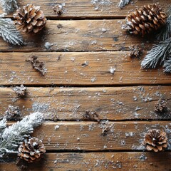 Snowy Wooden Background with Pine Cones and Frosted Evergreen Leaves, Ideal for Holiday and Winter-Themed Designs and Decorations
