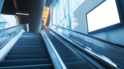 Blank white digital signage on an escalator, ready for mockup business designs. 