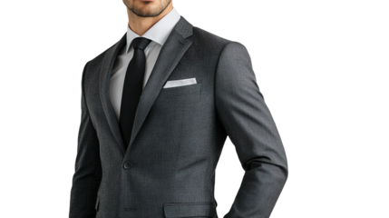 Modern action isolate the sophisticated look of a dark grey suit in a clean studio environment