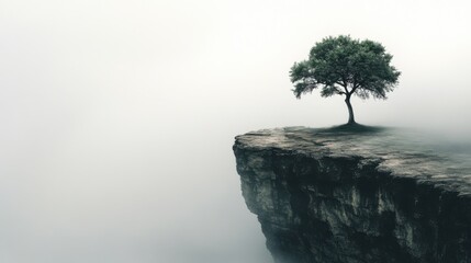 A solitary tree stands on the edge of a rocky cliff, enveloped in serene fog, symbolizing resilience and tranquility in a minimalistic landscape of nature.