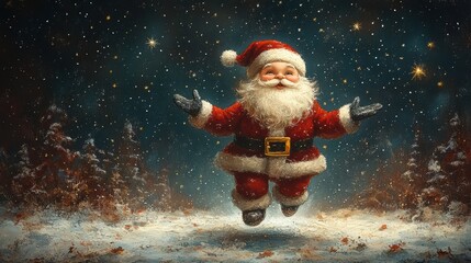 Joyful Santa Claus Floating in a Winter Wonderland Surrounded by Snowflakes, Trees, and a Magical Night Sky Filled with Stars