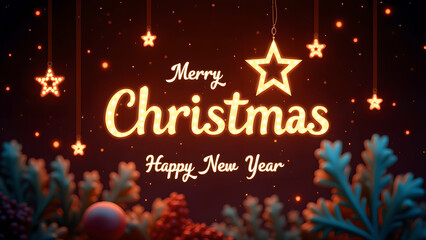 Merry Christmas and Happy New Year greeting card with stars. Holiday concept.