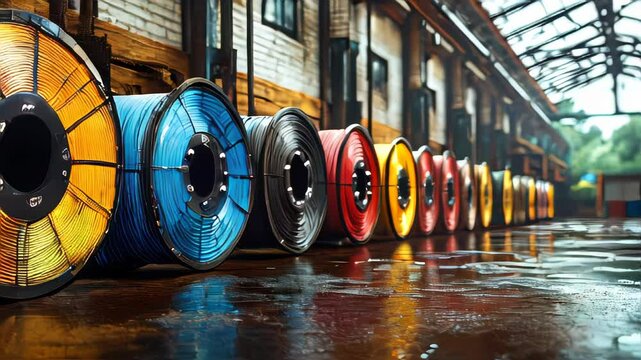 Close-up of colorful industrial cable spools in a rustic warehouse