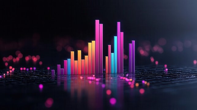 Abstract bar chart with neon colors, rising to represent market growth and data insights