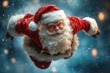 Jolly Santa Claus Flying Through a Magical Winter Wonderland, Exuding Joy and Cheer While Spreading Holiday Spirit and Goodwill to All During the Festive Season