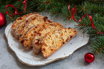 Traditional homemade tasty Italian biscotti cantuccini in Christmas decorations