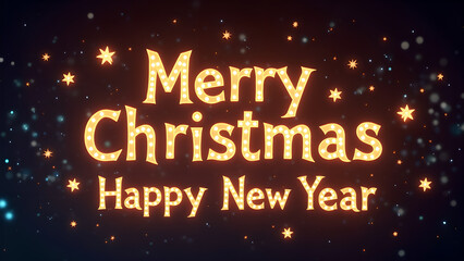 Naklejka premium Merry Christmas and Happy New Year greeting with golden lights. Festive holiday design.