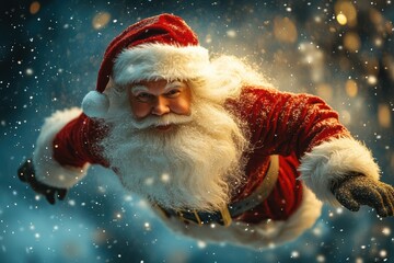 Cheerful Santa Claus with Fluffy White Beard and Red Suit Flying Through Snowy Night Sky, Bringing Holiday Joy and Magic to Families and Children Everywhere