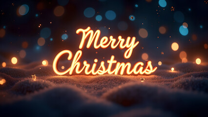 Merry Christmas Neon Sign in Snow. Festive Holiday Concept.