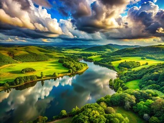 Panoramic View of Majestic Ojcw Landscape with Lush Green Valleys, Crystal Clear Water Bodies, and Dramatic Cloudy Skies, Capturing Nature's Beauty in a Breathtaking Scene