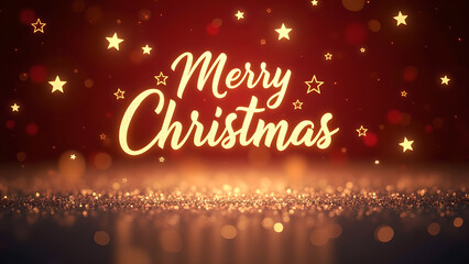 Merry Christmas greeting with golden glitter and stars. Concept of festive season, celebration, and winter holidays.
