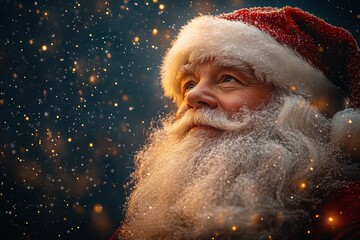 Enchanting Close-Up of a Joyful Man with a Santa Hat and a Flourishing White Beard Gazing Upward Amidst Falling Snow and Sparkling Lights