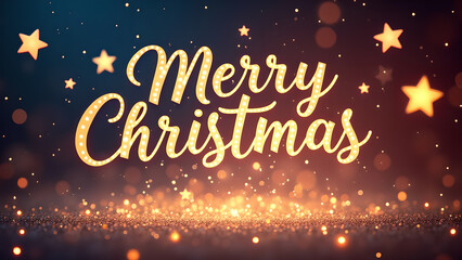 Merry Christmas greeting with golden lights and stars. Festive holiday design.