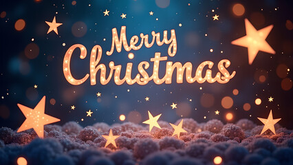 Fototapeta premium Merry Christmas text with glowing stars. Festive winter holiday background.