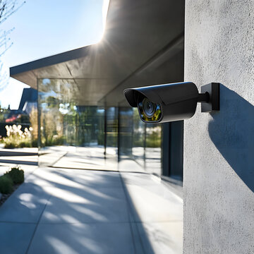 Sleek black security camera mounted on modern building exterior, capturing futuristic design with sunlight reflecting off glass