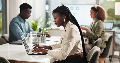 Meeting, typing and woman in office with laptop for research, data analysis or business report at...