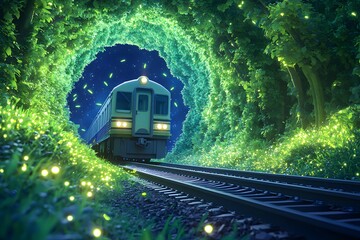 A train traveling through an endless tunnel made of green trees, with fireflies flying around it, in the style of anime