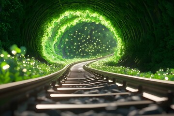 A train traveling through an endless tunnel made of green trees, with fireflies flying around it, in the style of anime