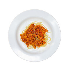 A delicious serving of spaghetti topped with rich meat sauce on a white plate.
