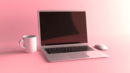 Fototapeta premium Modern Minimalist Workspace Concept with Laptop, Mouse, and Coffee Mug on Pink Background for Business Content.