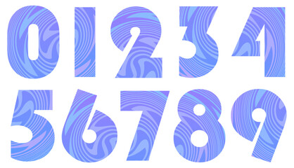 Set of colorful numbers with pattern isolated on white. Alphabet with numbers. Vector graphic elements for design. Abstract pattern with lines. Pink and blue gradient