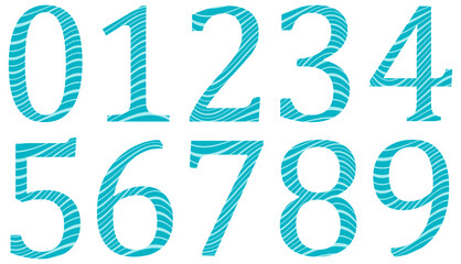 Set of blue numbers with pattern isolated on white. Alphabet with numbers. Vector graphic elements for design. Abstract pattern with lines. Turquoise color