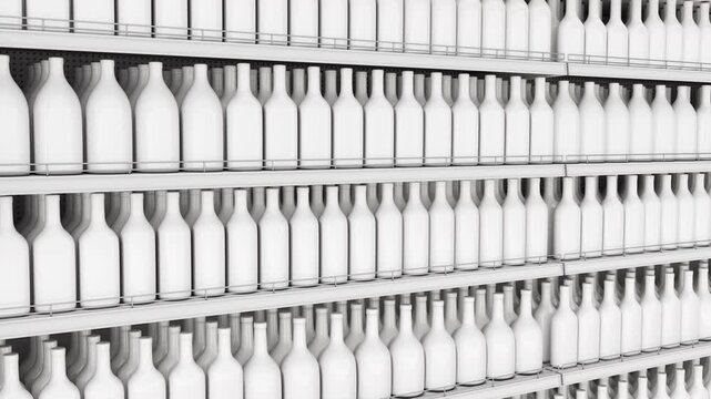 Sliding movement from top to bottom along supermarket shelves with bottle mockups. 3d animation