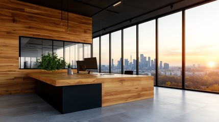 Modern office interior with a wooden desk and cityscape view at sunset. Warm lighting, sleek design.