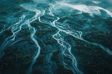 Aerial View Of Braided River Through Lush Green Forest