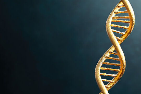 Luminous Golden DNA Helix, a striking representation of genetic structure against a dark backdrop, symbolizing life and scientific discovery.