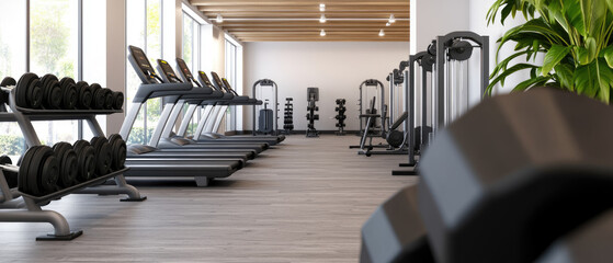 Modern gym interior, sleek design, advanced fitness equipment, vibrant atmosphere, dedicated workout spaces, motivating environment for fitness enthusiasts