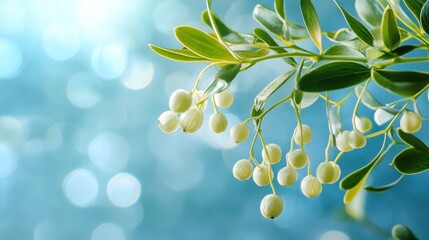 Green Branch With Small Pale Berries And Leaves