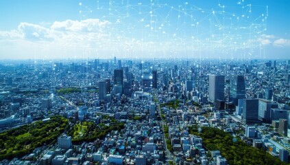 Fototapeta premium Aerial view of a sprawling metropolis, a network of connections woven across the cityscape under a vibrant blue sky. Modern architecture and lush green spaces coexist