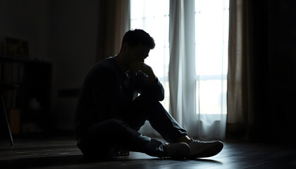 Concerned man sitting on floor at home feeling grief and regret. Silhouette of black man in the shadows isolated with white highlights, png