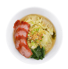A bowl of wonton noodles topped with char siu, green vegetables, and garnished with onions in a savory broth.