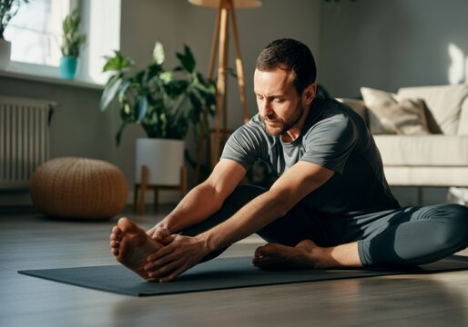 Man practicing stretching on mat in sunny home living room with plants