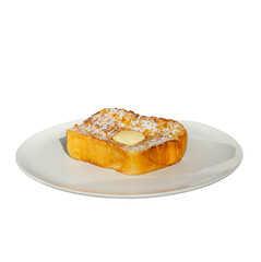 A golden, fluffy French toast topped with butter and sprinkled with powdered sugar, served on a white plate.