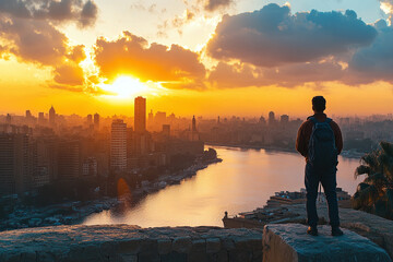 Fototapeta premium A traveler contemplating historic skyline at sunset.